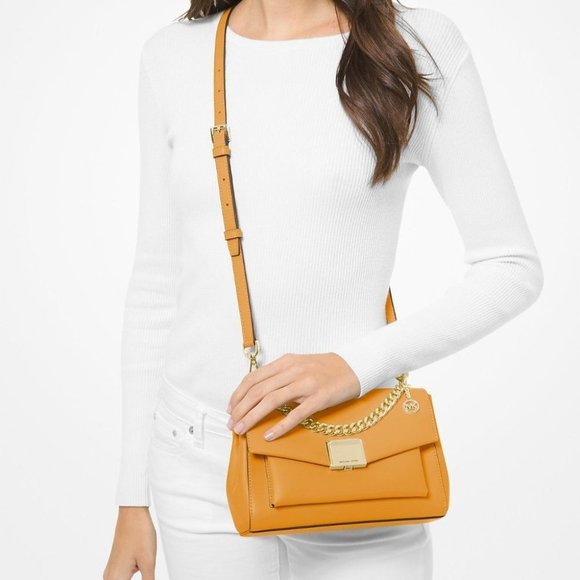 BNWT MICHAEL KORS LITA MEDIUM LEATHER CROSSBODY BAG | TOP HANDLE PURSE | GOLD HA - Picture 6 of 8